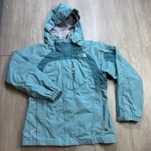 THE NORTH FACE Girls Hyvent Jacket‎ Rain Snow Mint Green Hooded Nylon Shell Full